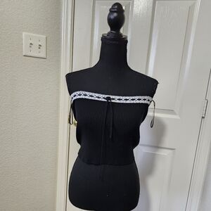 Pretty Garbage Y2k Black Lace Trim Bow Tie Rib Strapless Crop Top M